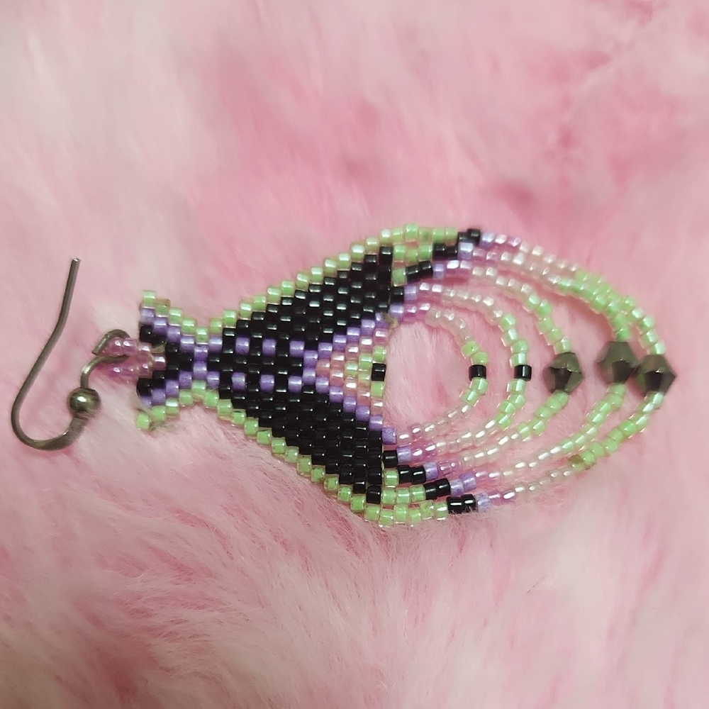 Native American Beaded Earrings Black, Green, Purple, Pink - Picture 6 of 10